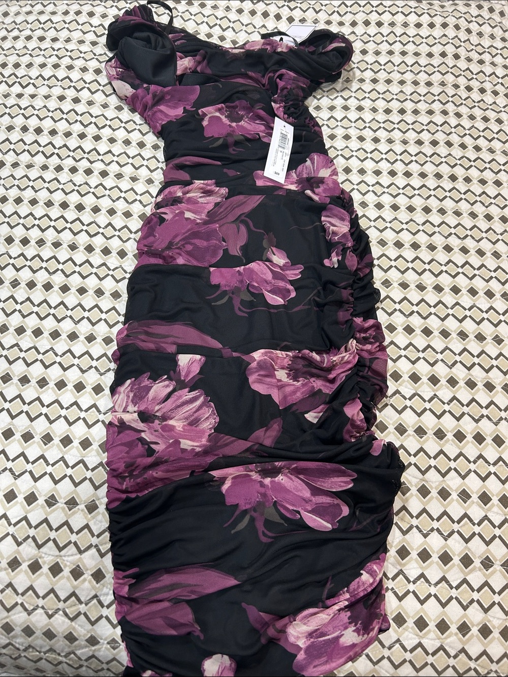 Premier Black One-Shoulder Dress with Purple Floral Print